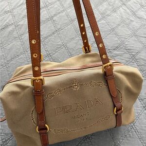 PRADA Logo Jacquard Canvas Leather Bauletto Shoulder Bag Beige